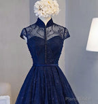 Navy Blue Knee Length Lace Party Dress, Homecoming Dress