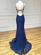 Navy Blue Lace Mermaid Straps Formal Prom Dresses With Side Slit, Navy Blue Long Formal Evening Dresses