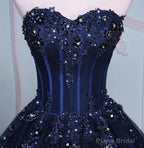 Navy Blue Lace Applique Tulle Long Party Dress, Blue Formal Gown