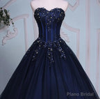 Navy Blue Lace Applique Tulle Long Party Dress, Blue Formal Gown