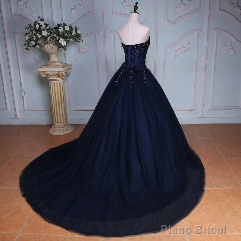 Navy Blue Lace Applique Tulle Long Party Dress, Blue Formal Gown Secondary image