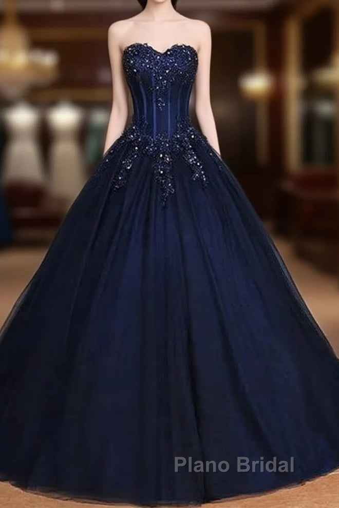 Navy Blue Lace Applique Tulle Long Party Dresses Formal Gown Off Shoulder Floor Length Formal Prom Dresses Main image