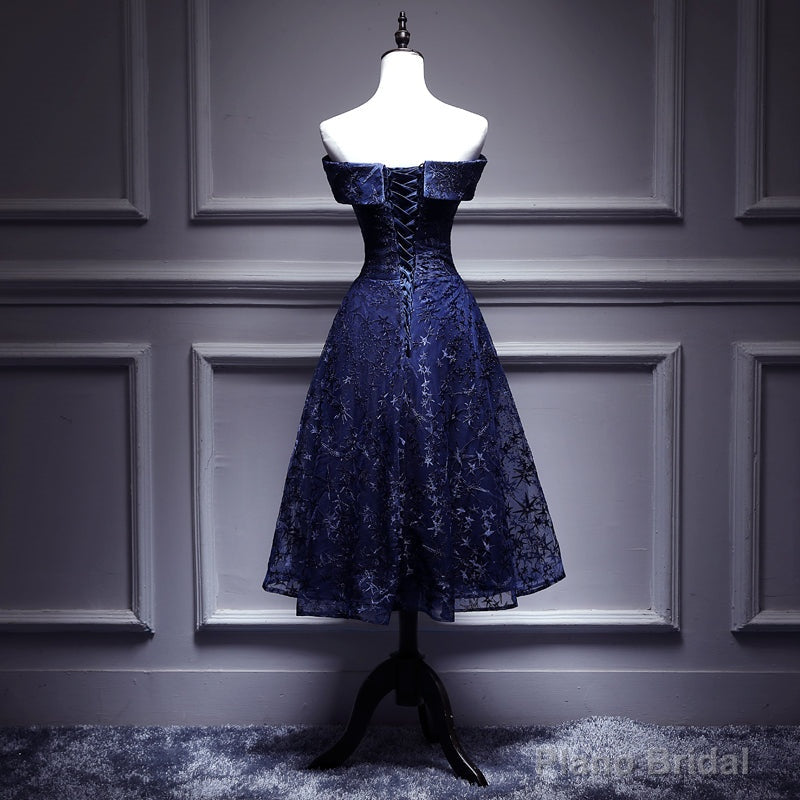 Navy Blue Lace Off Shoulder Wedding Party Dress Bridesmaid Dress,Blue Formal Dress
