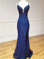 Navy Blue Lace Mermaid Straps Formal Prom Dresses With Side Slit, Navy Blue Long Formal Evening Dresses