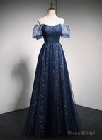 Navy Blue Long Off Shoulder A-line Prom Dress, Blue Formal Dress
