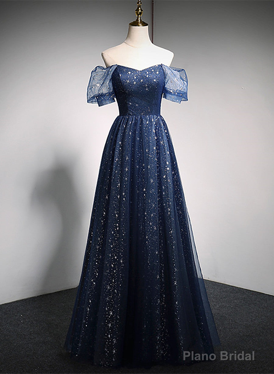 Navy Blue Long Off Shoulder A-line Prom Dress, Blue Formal Dress