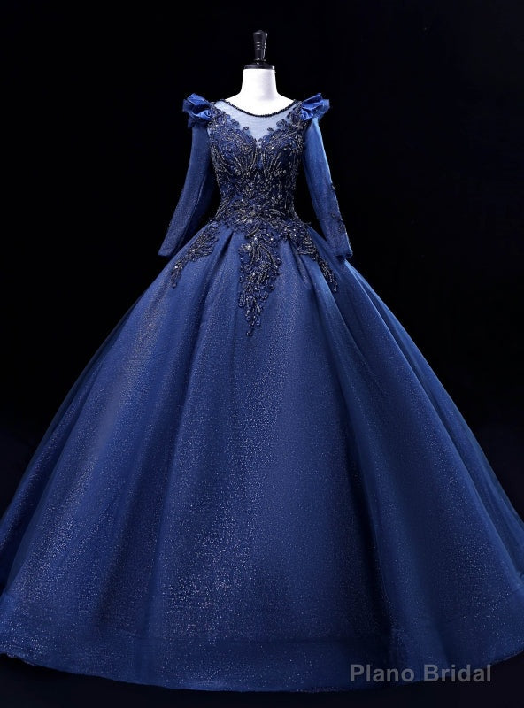 Navy Blue Long Sleeve Beading Sequins Quinceanera Dress