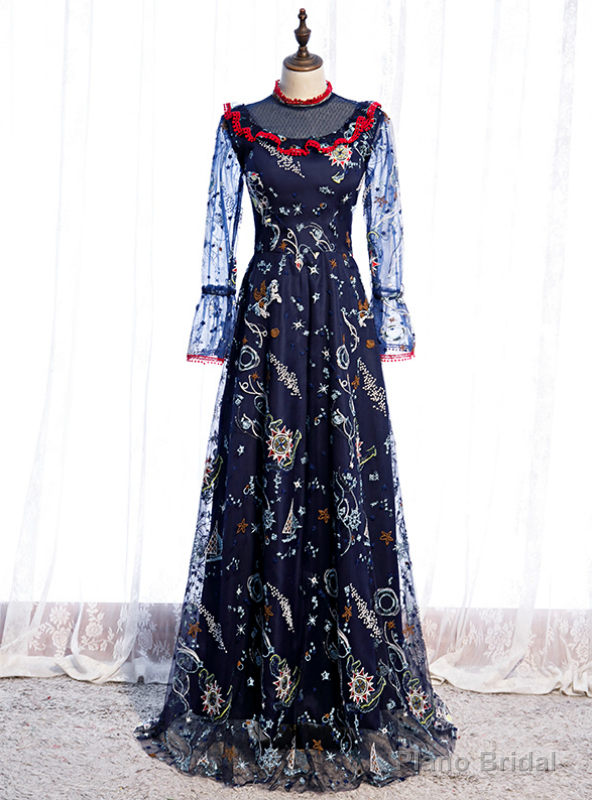 Navy Blue Long Sleeve Embroidery High Neck Prom Dress