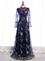 Navy Blue Long Sleeve Embroidery High Neck Prom Dress