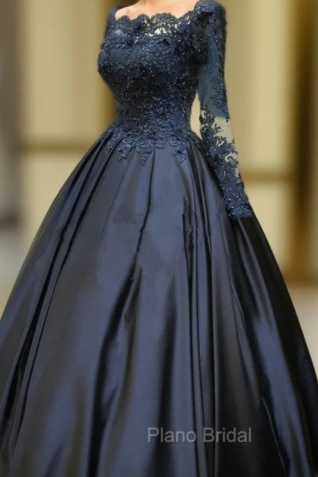 Navy Blue Long Sleeve Formal Prom Dresses Appliques Beaded Ball Gown Main image