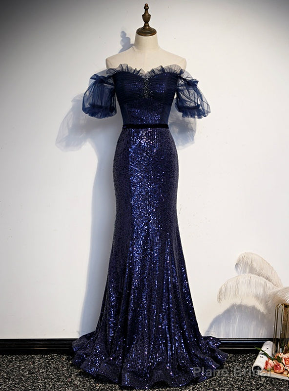 Navy Blue Mermaid Off the Sholuder Shoulder Prom Dress Main image