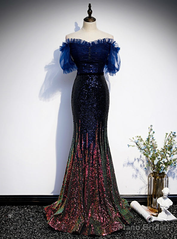 Navy Blue Mermaid Sequins Off the Shoulder Short Sleeve Prom Dress Main image
