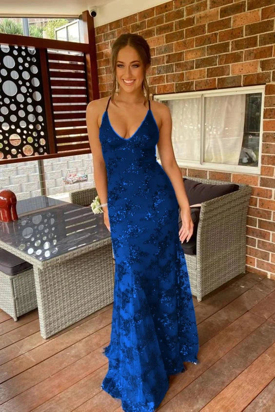 Navy Blue Mermaid Tulle And Sequins Long Formal Prom Dresses With V Neckline And Lace Up Back