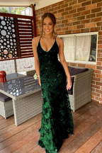 Navy Blue Mermaid Tulle And Sequins Long Formal Prom Dresses With V Neckline And Lace Up Back