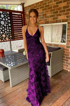 Navy Blue Mermaid Tulle And Sequins Long Formal Prom Dresses With V Neckline And Lace Up Back