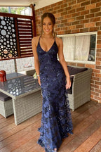 Navy Blue Mermaid Tulle And Sequins Long Formal Prom Dresses With V Neckline And Lace Up Back