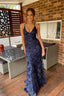 Navy Blue Mermaid Tulle And Sequins Long Formal Prom Dresses With V Neckline And Lace Up Back
