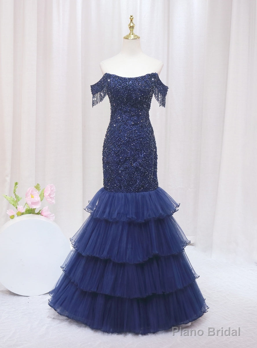 Navy Blue Mermaid Tulle Beading Off the Shoulder Prom Dress Main image