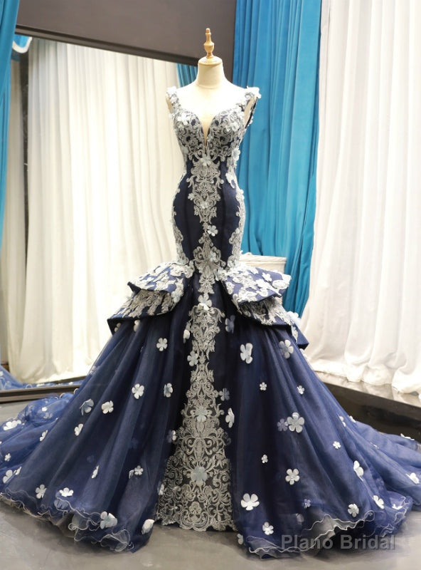 Navy Blue Mermaid Tulle Lace Appliques V-neck Backless Prom Dress Main image