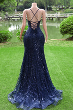 Navy Blue Mermaid V-Neck Straps Sequin Lace Prom Dresses