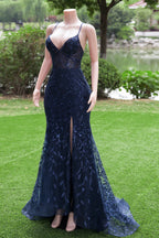 Navy Blue Mermaid V-Neck Straps Sequin Lace Prom Dresses