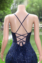 Navy Blue Mermaid V-Neck Straps Sequin Lace Prom Dresses