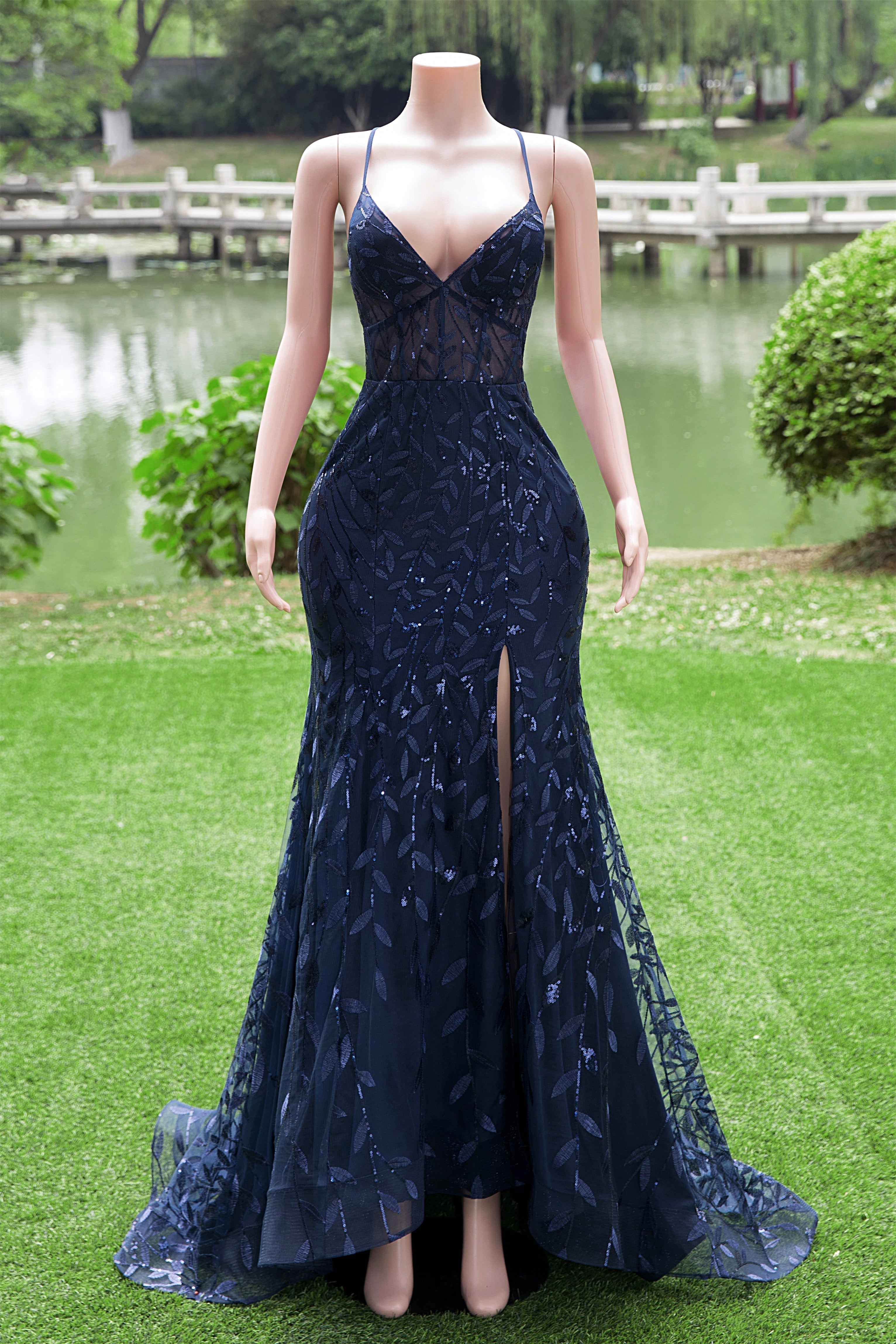 Navy Blue Mermaid V-Neck Straps Sequin Lace Prom Dresses Main image