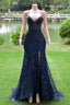 Navy Blue Mermaid V-Neck Straps Sequin Lace Prom Dresses
