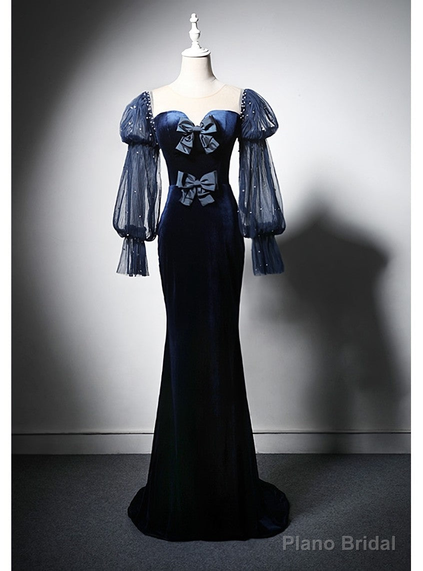 Navy Blue Mermaid Velvet Long Sleeve Prom Dress