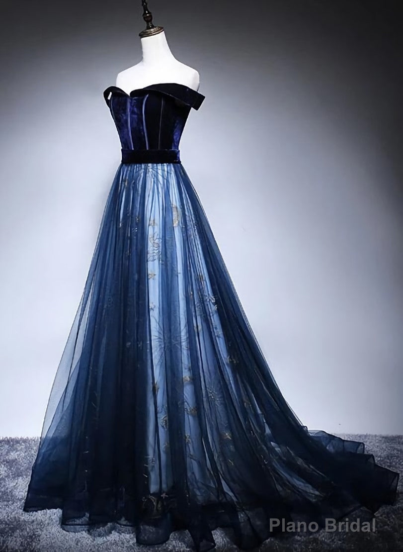 Navy Blue Off Shoulder Long Party Dress, Long Prom Dress Main image