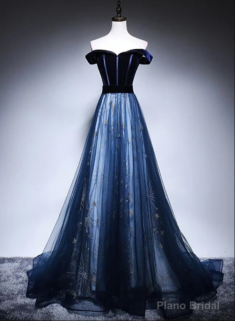 Navy Blue Off Shoulder Long Party Dress, Long Prom Dress Secondary image