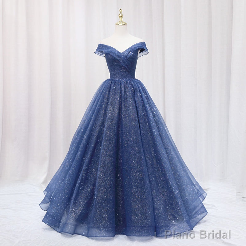 Navy Blue Off Shoulder Shiny Tulle Floor Length Prom Dress, Blue Prom Dress Main image