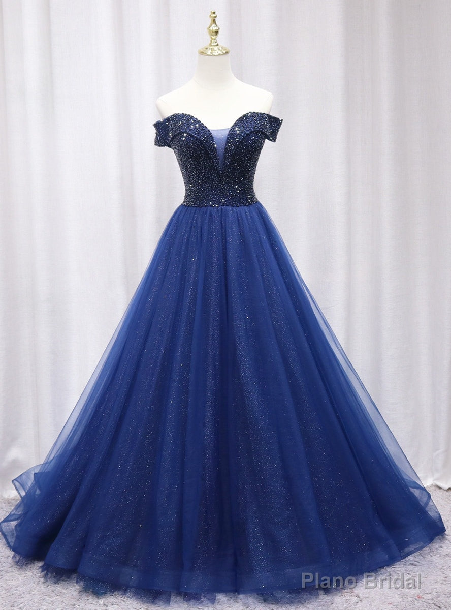 Navy Blue Off the Shoulder Beading Prom Dress Main image