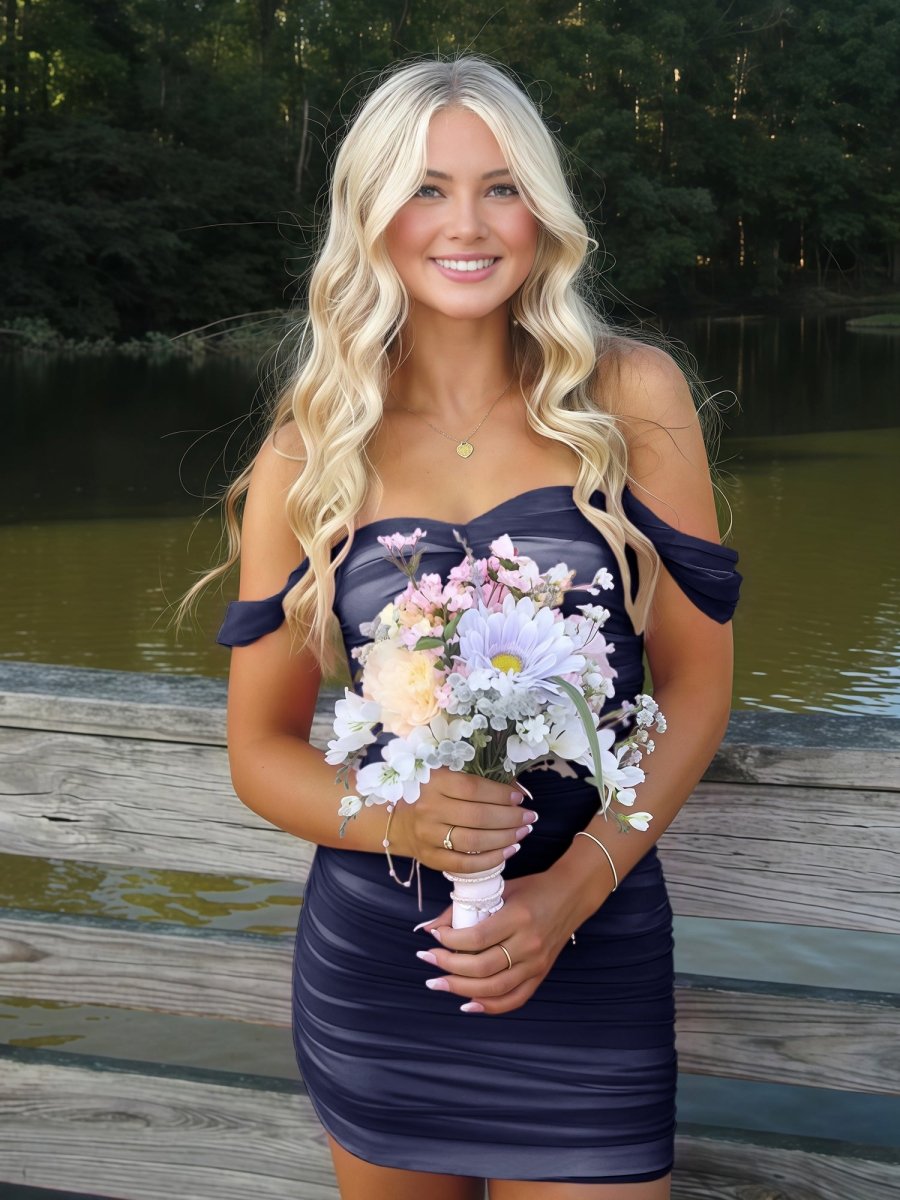 Navy Blue Off The Shoulder Tulle Homecoming Dress Short Cocktail Dresses Main image