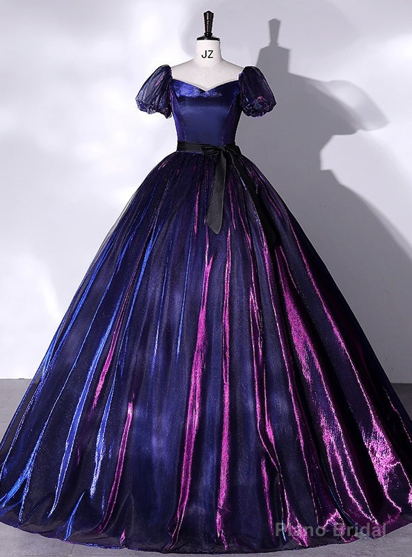 Navy Blue Purple Tulle Puff Sleeve Quinceanera Dress