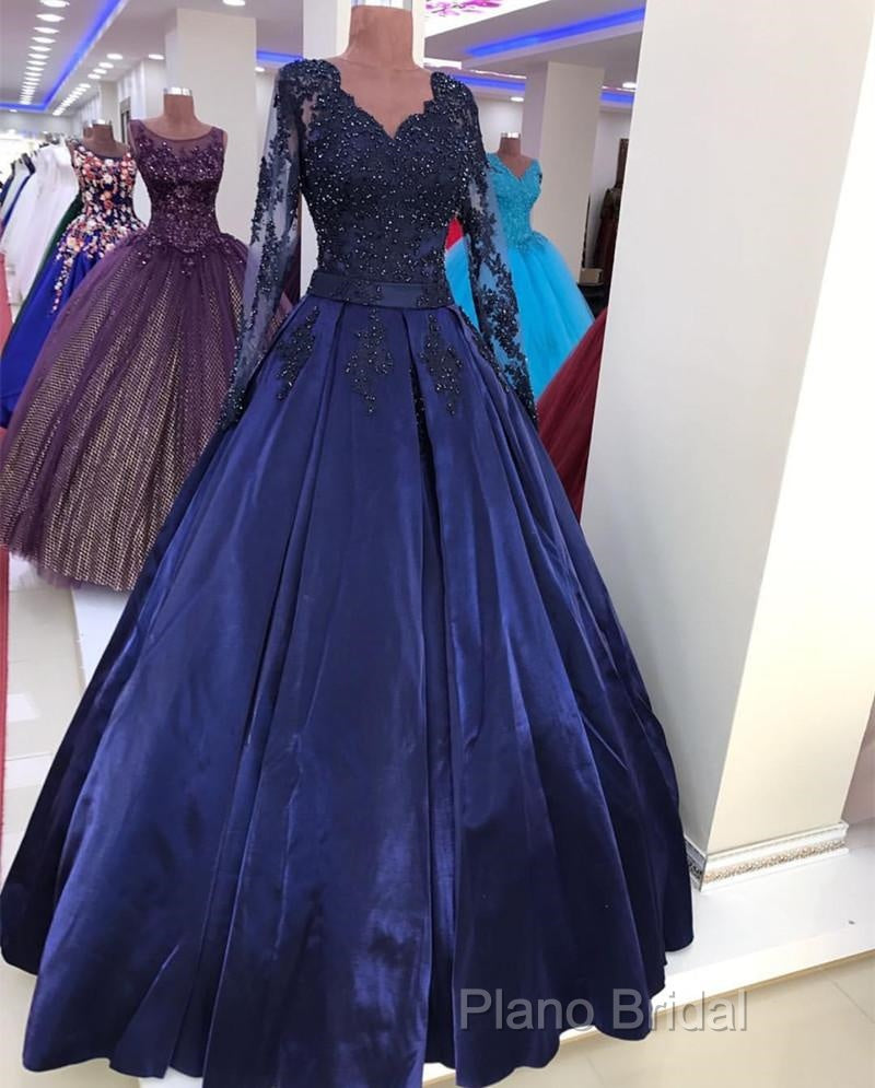 Navy Blue Satin Ball Gown Formal Prom Dresses Lace Long Sleeves Secondary image