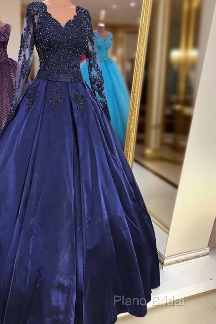 Navy Blue Satin Ball Gown Formal Prom Dresses Lace Long Sleeves Main image