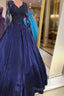 Navy Blue Satin Ball Gown Formal Prom Dresses Lace Long Sleeves