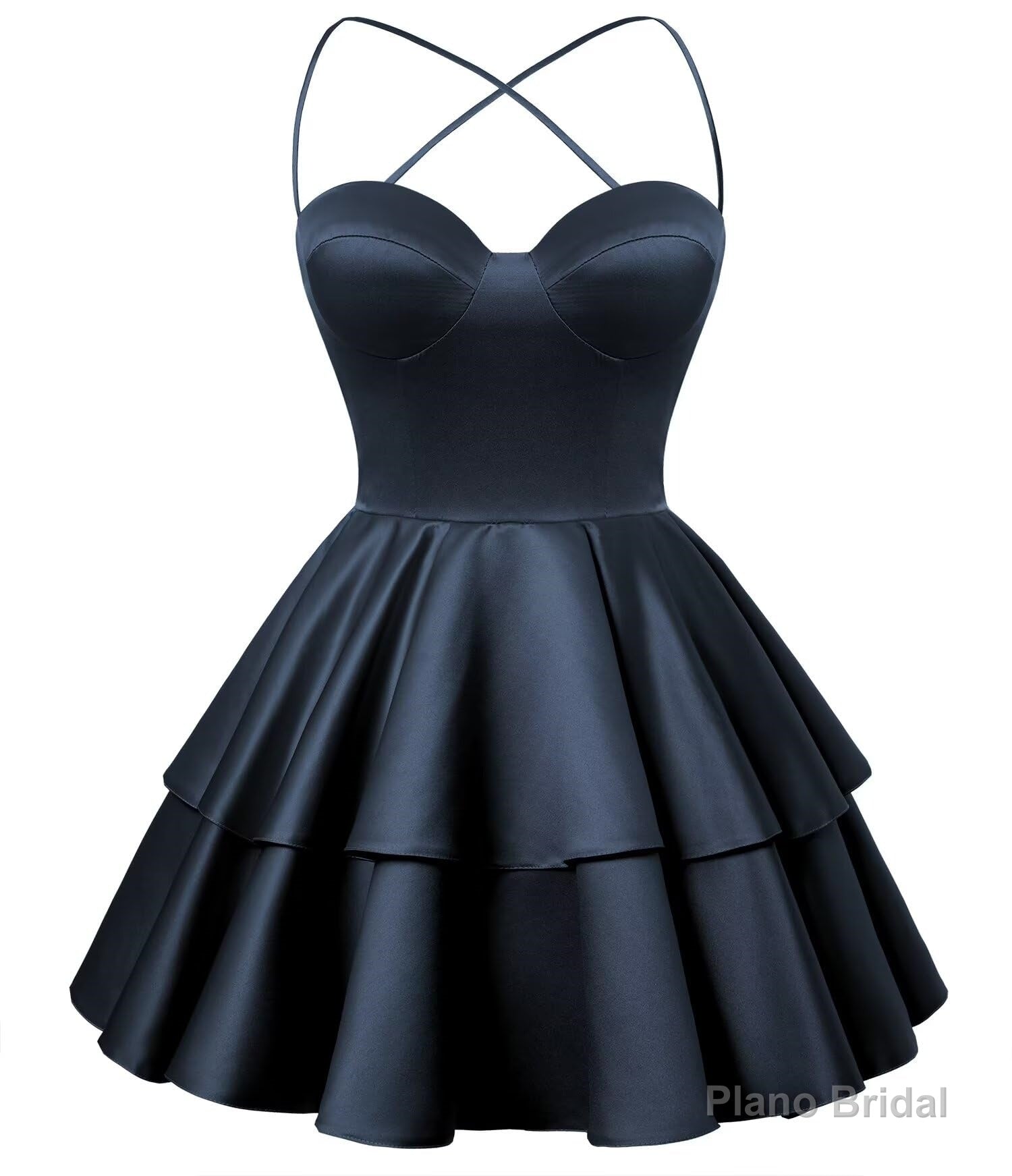Navy Blue Satin Homecoming Dress Sweetheart Neck Tiered Short Graduation Dresses Secondary image