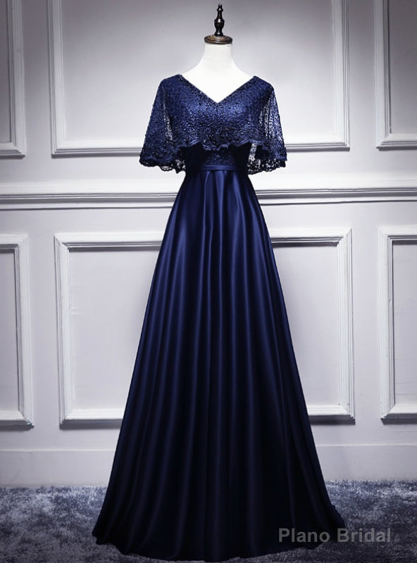 Navy Blue Satin Lace V-neck Bat Pearls Prom Dress Main image