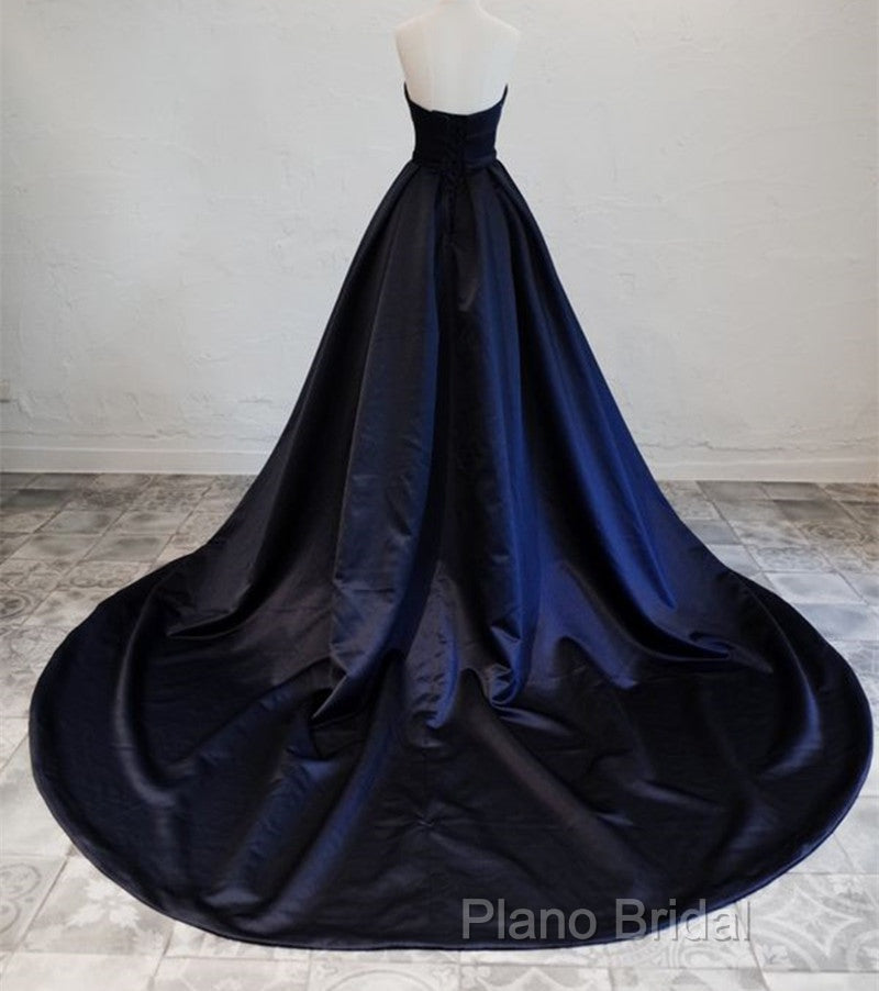 Navy Blue Satin Long Party Dresses, Elegant Dark Blue Formal Dresses Formal Dresses