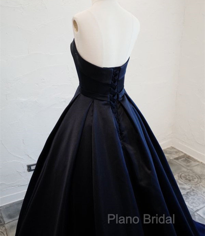 Navy Blue Satin Long Party Dresses, Elegant Dark Blue Formal Dresses Formal Dresses