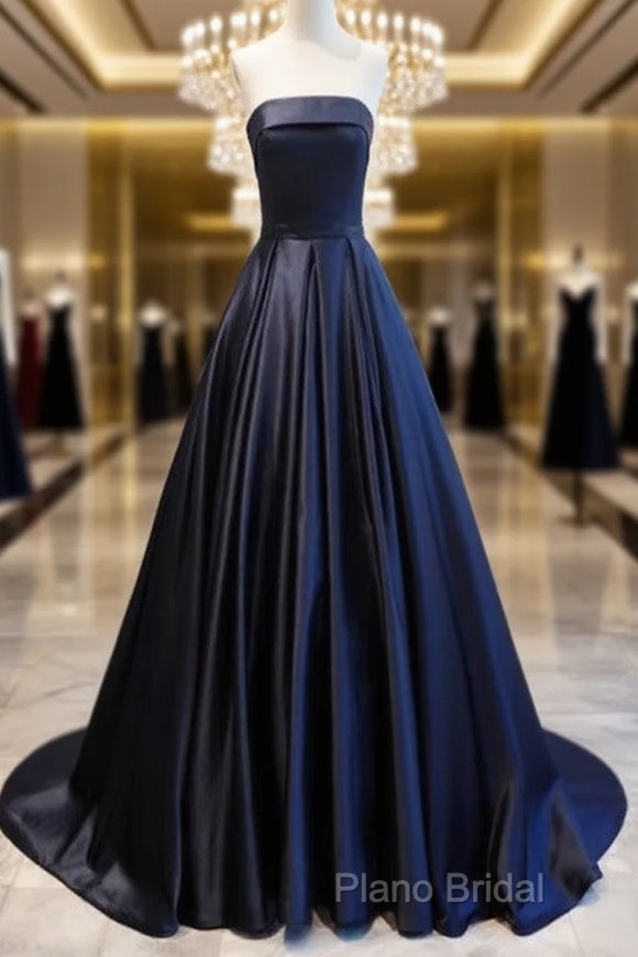 Navy Blue Satin Long Party Dresses, Elegant Dark Blue Formal Dresses Formal Dresses Main image