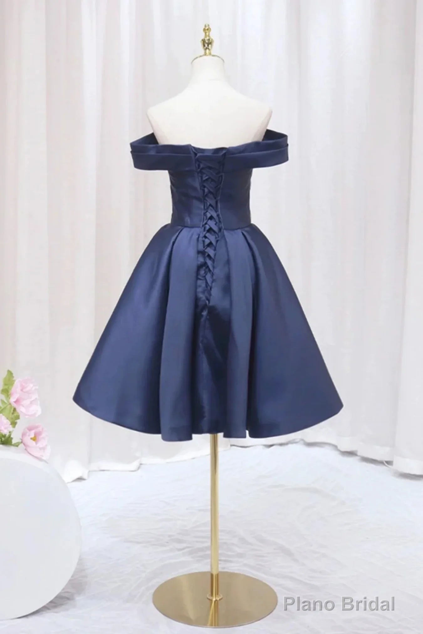 Navy Blue Satin Off Shoulder Knee Length Party Dress, Navy Blue Homecoming Dress Secondary image