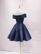 Navy Blue Satin Off Shoulder Short Graduation Dresses, Blue Satin Formal Prom Dresses