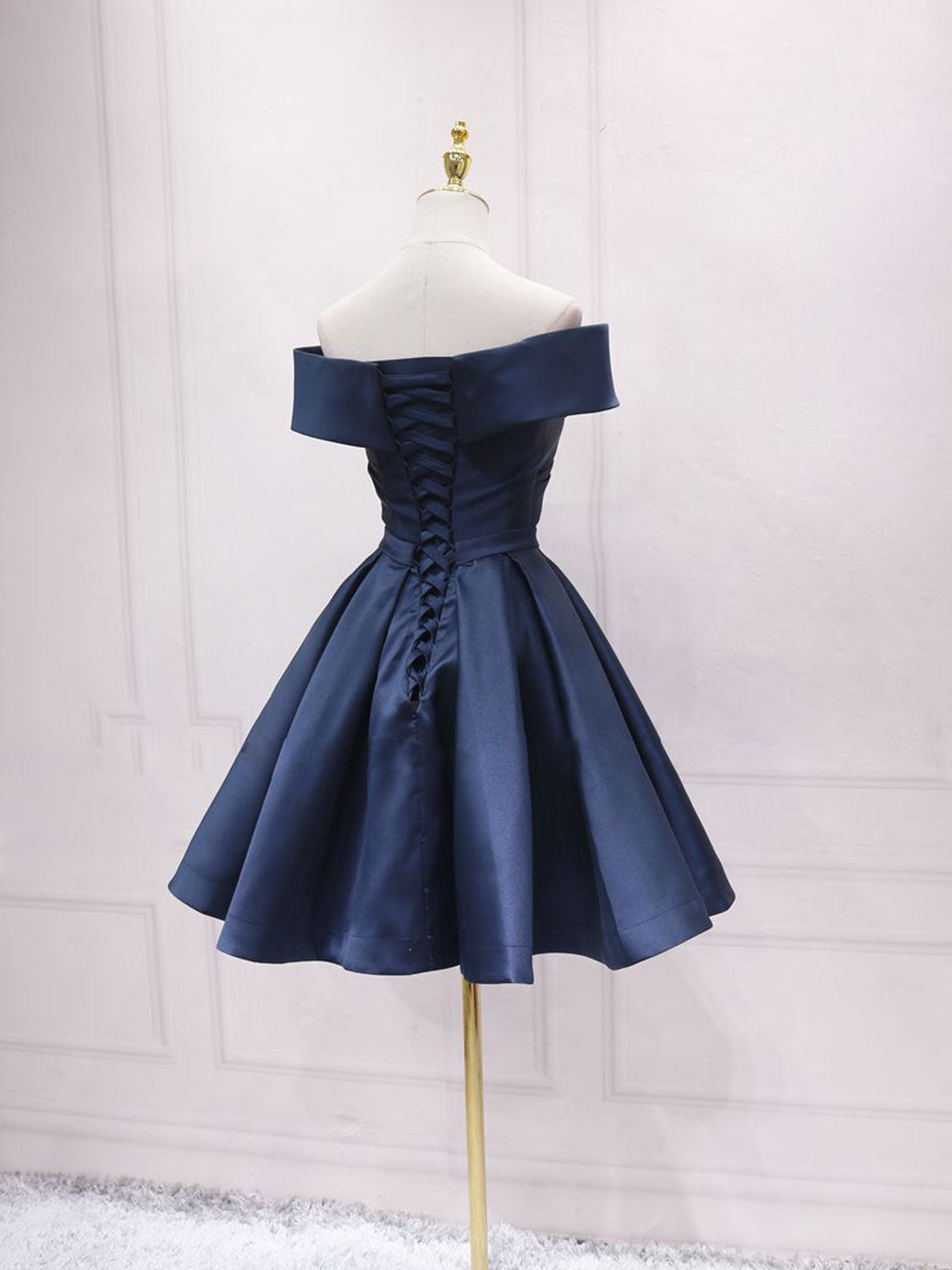 Navy Blue Satin Off Shoulder Short Graduation Dresses, Blue Satin Formal Prom Dresses