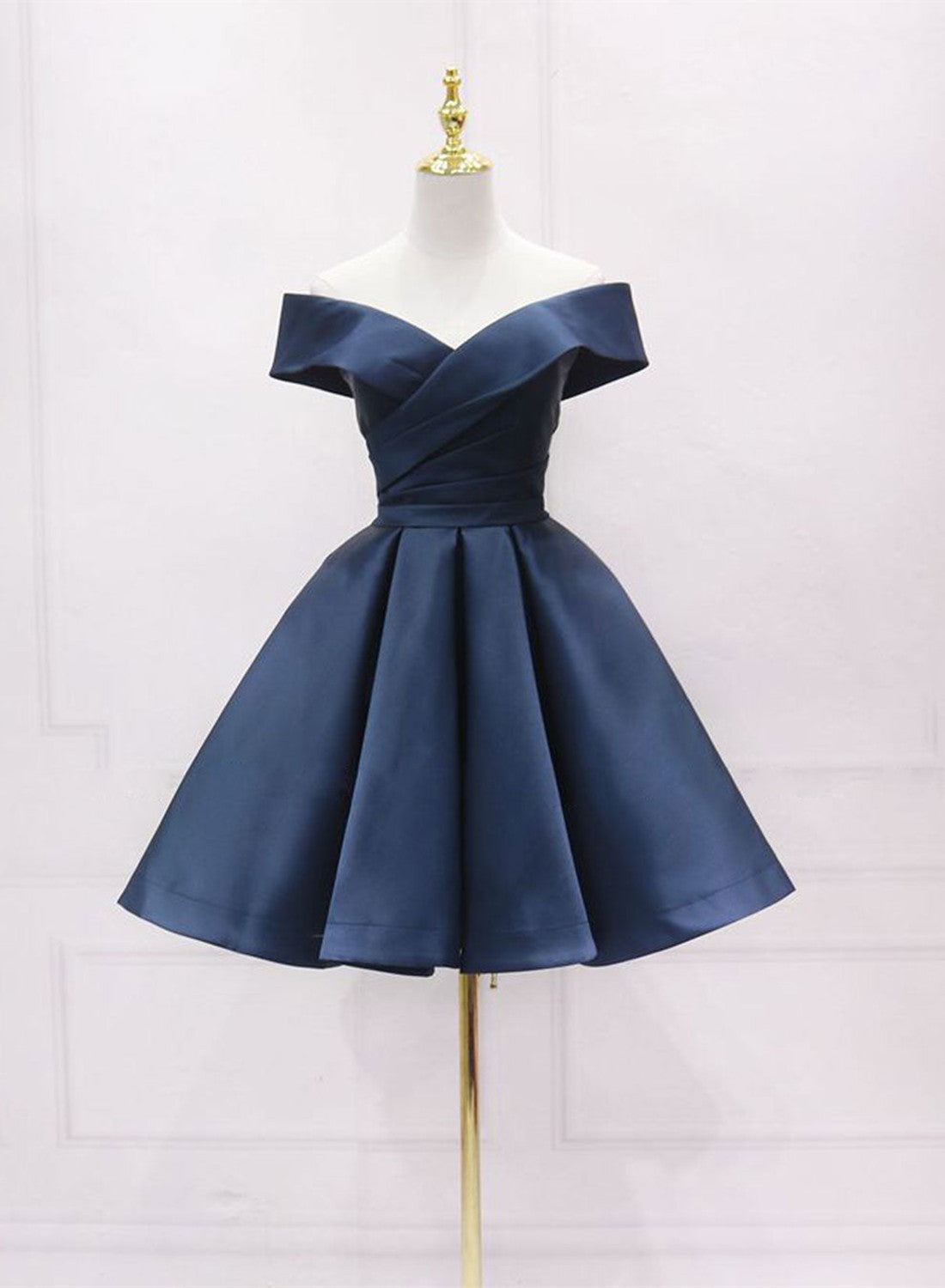 Navy Blue Satin Off Shoulder Short Graduation Dresses, Blue Satin Formal Prom Dresses Main image