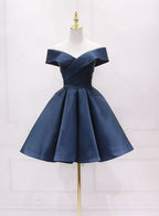 Navy Blue Satin Off Shoulder Short Graduation Dresses, Blue Satin Formal Prom Dresses
