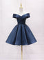 Navy Blue Satin Off Shoulder Short Graduation Dresses, Blue Satin Formal Prom Dresses