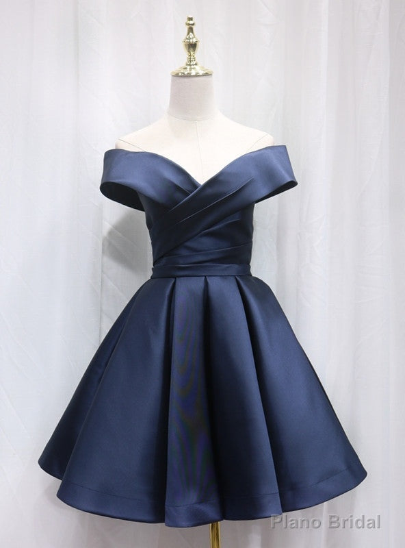 Navy Blue Satin Off the Shoulder Homecoming Dress Main image